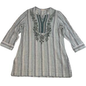 Soft Surroundings Embelia Tunic Size M Blue Stripe Embroidered Boho Casual Top